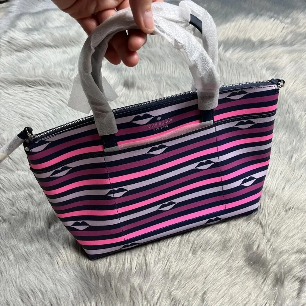 Kate Spade New York Pink Multi Stripe Patrice Lip Print Satchel Purse
